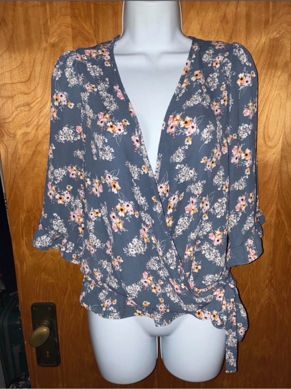 Sienna Sky Blue Floral Wrap Top - Size M